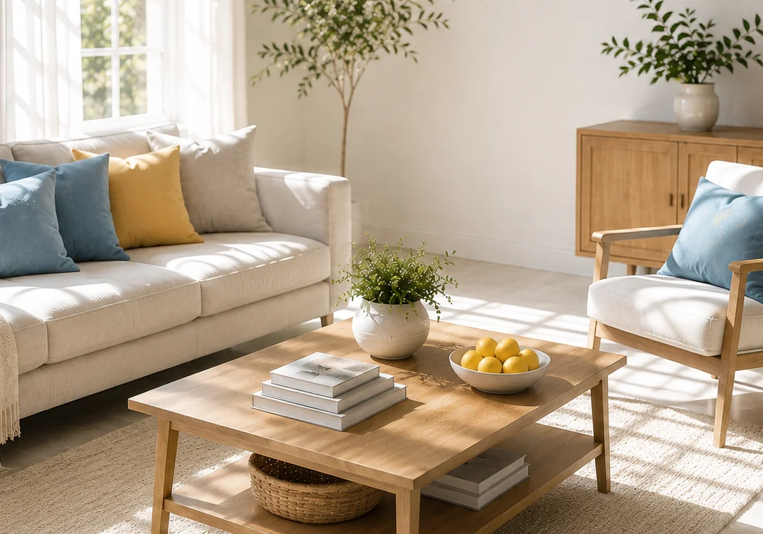 A bright, tidy living room with a cream sofa, blue and yellow pillows, and a bowl of lemons on the coffee table