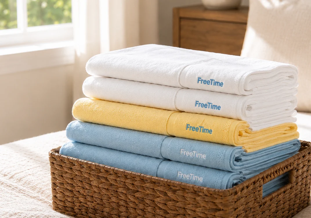 A woven basket of freshly folded white, yellow, and blue towels beside a sunlit window