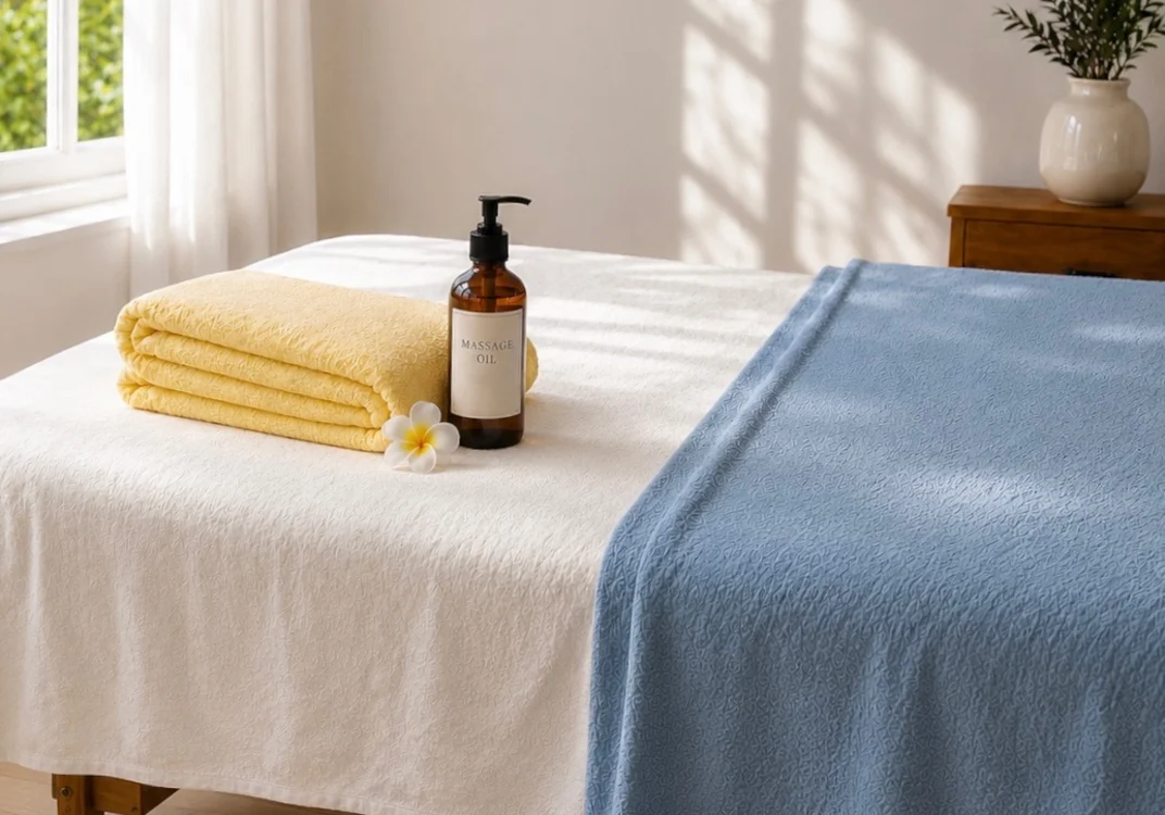A massage table with a folded yellow towel, massage oil, a plumeria flower, and a blue blanket in a sunlit room